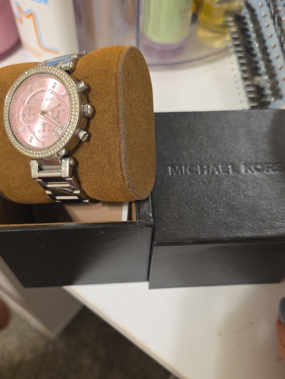 Michael Kors Silver Bracelet Watch with Pink Dial and Crystal Bezel